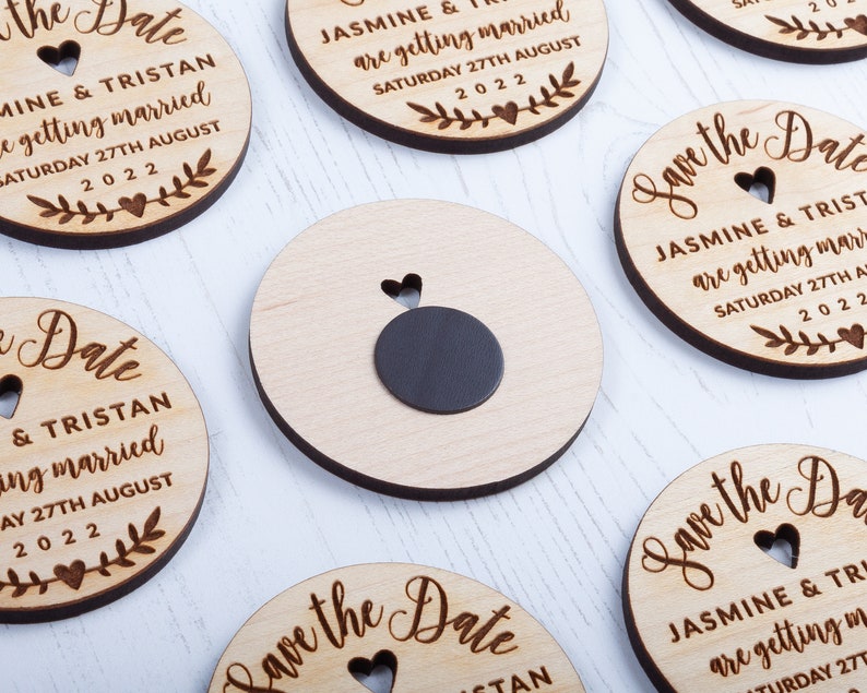 Chantilly Lace Personalised Save the Dates Round Wooden Magnets Save the Date Magnet with Card /& Envelope