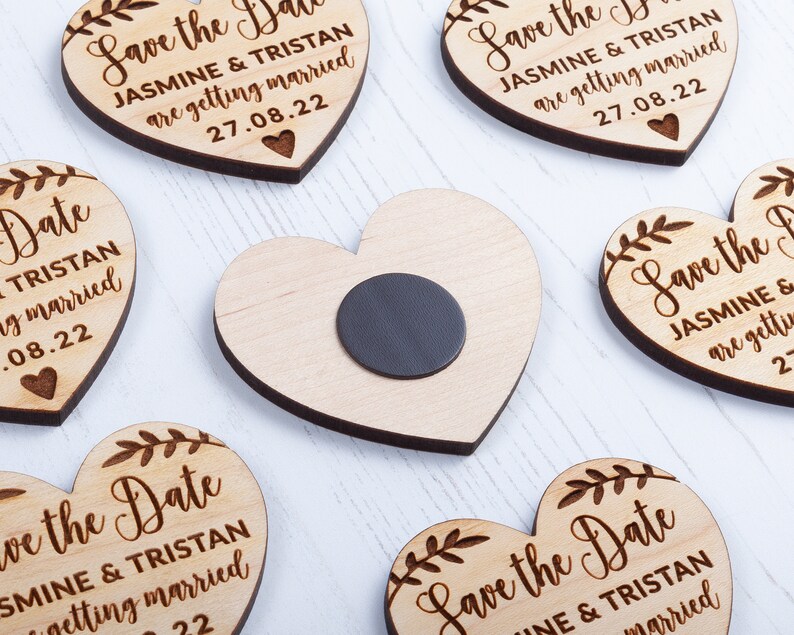 Rose Cottage Personalised Save the Dates Save the Date Magnet with Card /& Envelope Wooden Heart Magnets