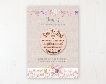 Save the Date Magnet with Card & Envelope - Floral Blooms - Round Wooden Magnets - Personalised Save the Dates
