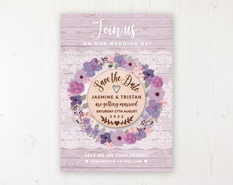 Save the Date Magnet with Card & Envelope - Wisteria Garden - Round Wooden Magnets - Personalised Save the Dates