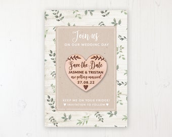 Save the Date Magnet with Card & Envelope - Evergreen Forest - Wooden Heart Magnets - Personalised Save the Dates