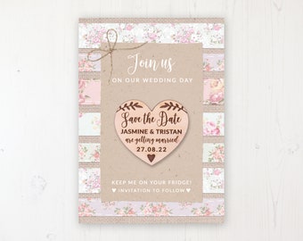 Save the Date Magnet with Card & Envelope - Floral Furrows - Wooden Heart Magnets - Personalised Save the Dates