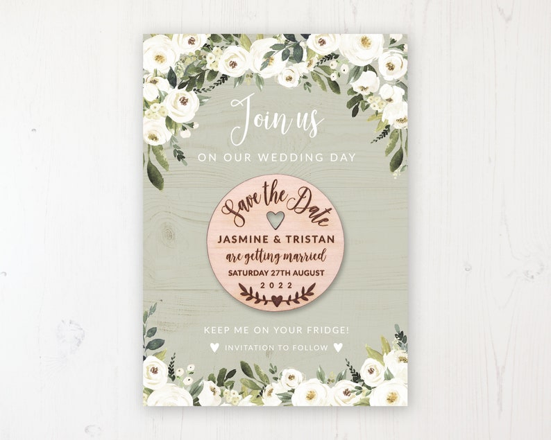 Personalised Save the Dates Round Wooden Magnets Save the Date Magnet with Card /& Envelope Forrester Green