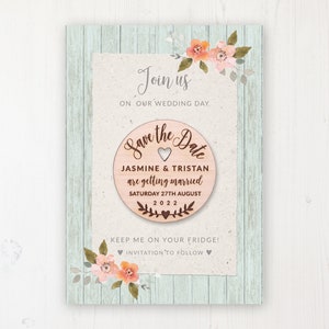 Save the Date Magnet with Card & Envelope - Prairie Peach - Round Wooden Magnets - Personalised Save the Dates