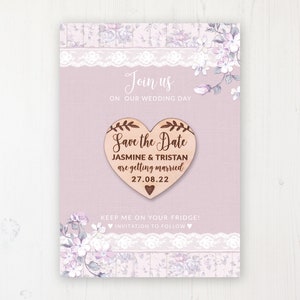 Save the Date Magnet with Card & Envelope - Dusky Dream - Wooden Heart Magnets - Personalised Save the Dates