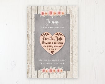 Save the Date Magnet with Card & Envelope - Rose Cottage - Wooden Heart Magnets - Personalised Save the Dates