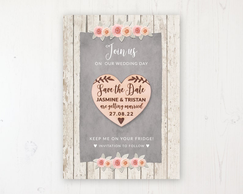 Rose Cottage Personalised Save the Dates Save the Date Magnet with Card /& Envelope Wooden Heart Magnets