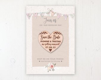 Save the Date Magnet with Card & Envelope - Going to the Chapel - Wooden Heart Magnets - Personalised Save the Dates