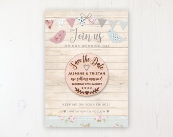 Save the Date Magnet with Card & Envelope - Lovebirds - Round Wooden Magnets - Personalised Save the Dates