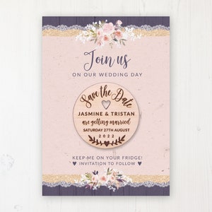 Save the Date Magnet with Card & Envelope Midnight Glimmer Round Wooden Magnets Personalised Save the Dates image 1