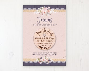 Save the Date Magnet with Card & Envelope - Midnight Glimmer - Round Wooden Magnets - Personalised Save the Dates