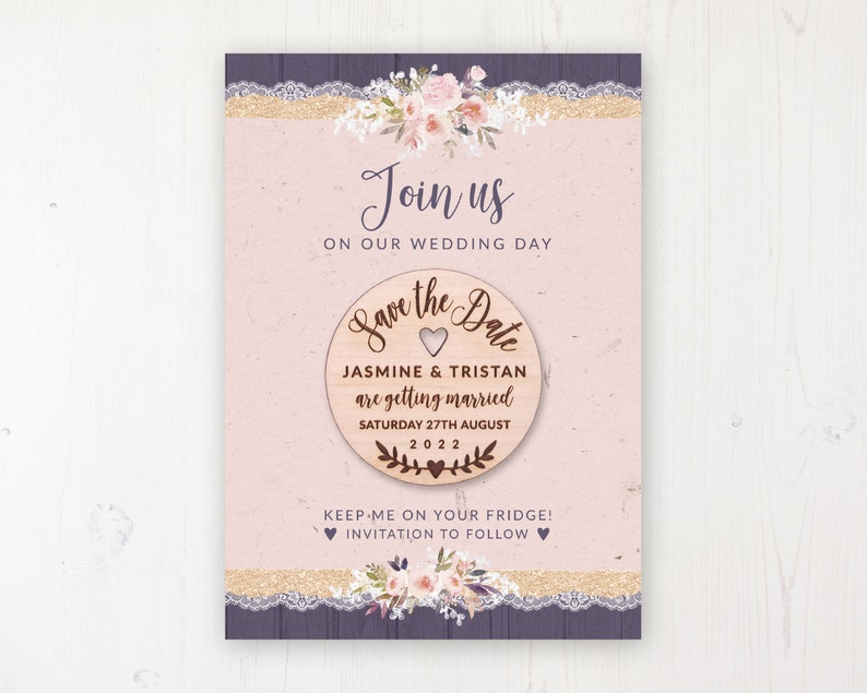 Save the Date Magnet with Card & Envelope Midnight Glimmer Round Wooden Magnets Personalised Save the Dates image 1