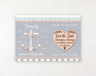 Save the Date Magnet with Card & Envelope - Anchored in Love - Wooden Heart Magnets - Personalised Save the Dates