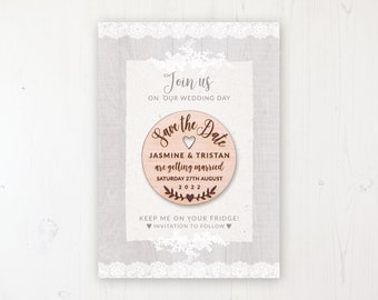 Save the Date Magnet with Card & Envelope - Grey Whisper - Round Wooden Magnets - Personalised Save the Dates