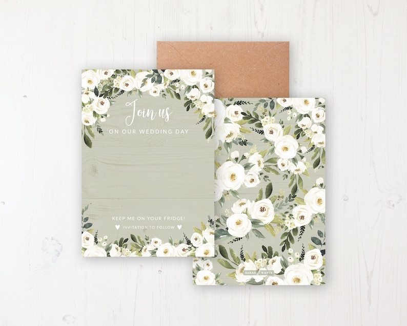 Personalised Save the Dates Round Wooden Magnets Save the Date Magnet with Card /& Envelope Forrester Green