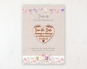 Save the Date Magnet with Card & Envelope - Floral Blooms - Wooden Heart Magnets - Personalised Save the Dates