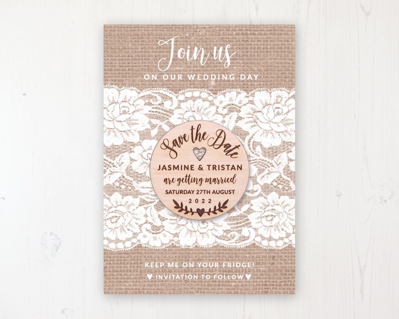 Chantilly Lace Personalised Save the Dates Round Wooden Magnets Save the Date Magnet with Card /& Envelope