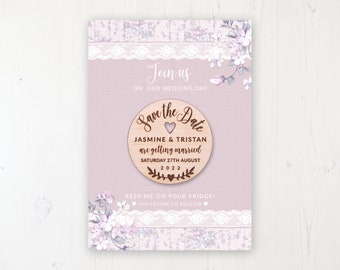 Save the Date Magnet with Card & Envelope - Dusky Dream - Round Wooden Magnets - Personalised Save the Dates