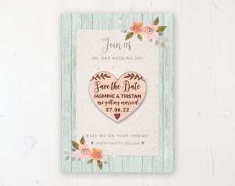 Save the Date Magnet with Card & Envelope - Prairie Peach - Wooden Heart Magnets - Personalised Save the Dates