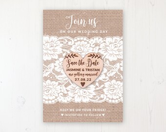 Save the Date Magnet with Card & Envelope - Chantilly Lace - Wooden Heart Magnets - Personalised Save the Dates