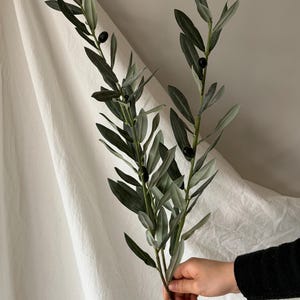 Può includere: Un ramo d'ulivo artificiale con due steli, foglie allungate color verde salvia e diverse piccole olive nero scuro. Gli steli sono sottili e marroni, ramificati per sostenere il fogliame e i frutti in una disposizione dall'aspetto naturale.