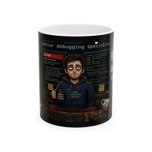 Peut inclure: Mug en céramique blanche avec un motif noir. Le motif représente une personne fatiguée devant des écrans d'ordinateur, avec le texte "Senior debugging specialist." et "I CODE THEREFORE I SUFFER."