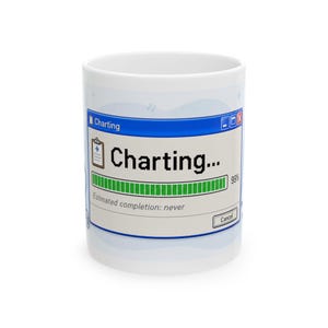 Peut inclure: Mug en céramique blanche avec un motif bleu et blanc. La tasse présente une fenêtre d'ordinateur simulée avec le mot "Charting..." et une barre de progression à 99% d'achèvement. Le texte "Estimated completion: never" est également visible.