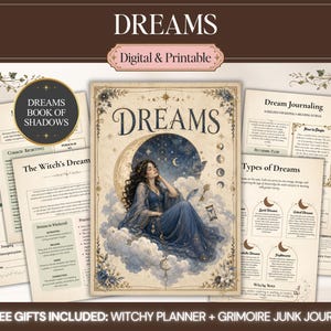 以下が含まれることがあります： デジタルおよび印刷可能なDreams Book of Shadowsジャーナルセット。三日月の下の雲の上に座る人物のイラストが描かれた中央の表紙と、夢日記の付け方に関する複数の情報ページで構成されています。
