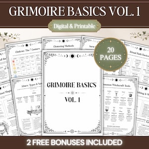 以下が含まれることがあります： 「Grimoire Basics Vol. 1」と題された20ページの印刷可能なコレクション。チャクラ、浄化方法、儀式用バス、一般的な道具などの魔術に関するトピックを扱った白黒の解説シートで、装飾的な花の縁取りが施されています。