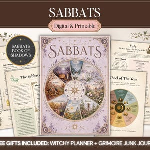 以下が含まれることがあります： 「Sabbats」と題されたデジタルおよび印刷可能なページのコレクション。季節の風景を描いた中央の「一年の輪」のイラストと、ユール、浄化の儀式、対応表に関する情報シートが含まれており、装飾的な花の縁取りが施されています。