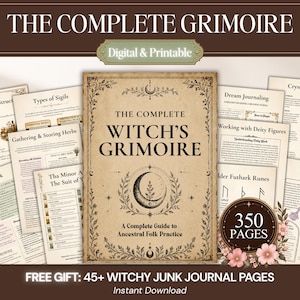 以下が含まれることがあります： 「The Complete Witch's Grimoire: A Complete Guide to Ancestral Folk Practice」と題されたデジタルおよび印刷可能なグリモワール。シジル、ハーブ、夢占い、クリスタルの形、ルーン文字など、古紙風の背景に350ページの内容が記載されています。
