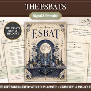 以下が含まれることがあります： 「The Esbats Book of Shadows」と題されたデジタルおよび印刷可能なコレクション。月と祭壇のイラストが描かれた中央のページと、エスバットの儀式、月の満ち欠け、詠唱に関する情報が記載された周囲のページで構成されています。