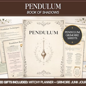May include: A collection of printed informational sheets titled Pendulum Book of Shadows, featuring instructional text, diagrams of pendulum shapes, and guidance on techniques, board usage, and care, with a central illustration of a pendulum.