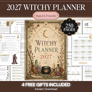 以下が含まれることがあります： 250ページの2027年版デジタル・印刷用プランナー「Witchy Planner」。表紙には三日月、ほうき、大釜、キャンドル、小瓶が描かれています。中ページには月間カレンダーや月の満ち欠けの表が含まれています。