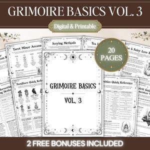 以下が含まれることがあります： Grimoire Basics Vol. 3と題された20ページの印刷可能なコレクション。タロット、占い、妖精、スピリットガイドなどのトピックに関する白黒のイラストとテキストが含まれており、天体のモチーフが描かれた枠線で装飾されています。