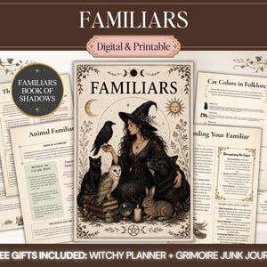 以下が含まれることがあります： Familiarsと題されたデジタルおよび印刷可能なページのコレクション。魔女の帽子をかぶった人物を中心に、カラス、猫、フクロウ、犬、ウサギが描かれたイラストと、情報テキスト、見出し、枠線が含まれています。