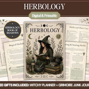 以下が含まれることがあります： ハーブ学の影の書（Herbology Book of Shadows）のデジタルおよび印刷可能なコレクション。テキスト、植物のイラスト、そして帽子をかぶった人物がハーブ、瓶、大釜に囲まれて本を読んでいる中央の画像が複数のページにわたって含まれています。
