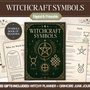 以下が含まれることがあります： デジタルおよび印刷可能な魔術シンボルのコレクション。ダークグリーンの表紙には、五芒星、角のある神、太陽十字、魔女の結び目の金色のイラストが描かれており、テキストと図が記載されたベージュの解説ページが複数含まれています。