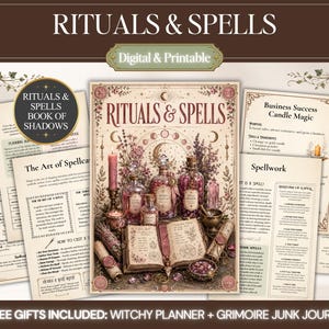 以下が含まれることがあります： 「Rituals & Spells」と題されたデジタルおよび印刷可能なページのコレクション。中央には魔導書、魔法の薬瓶、キャンドル、ハーブのイラストが描かれています。セットには、呪文、ビジネスの成功、魔法の道具に関する説明テキストが含まれています。