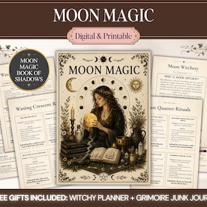 以下が含まれることがあります： デジタルおよび印刷可能なMoon Magic Book of Shadowsセット。輝く月を持つ人物のイラストを中心に、月の満ち欠け、キャンドル、本、クリスタルが描かれ、儀式や魔術に関するテキストページが含まれています。