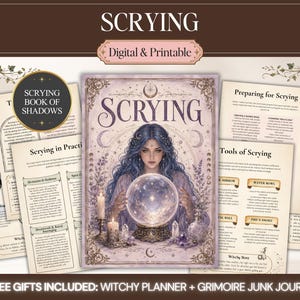 以下が含まれることがあります： デジタルおよび印刷可能なScrying Book of Shadowsガイド。長い青い髪の人物が光る水晶玉を覗き込んでいる中央のイラストと、スクライングの実践に関するテキストが記載された複数の情報ページで構成されています。