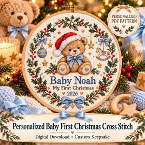 Personligt korsstygnsmönster för babyns första jul i PDF-format, anpassat barnnamn och år