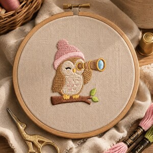 May include: An embroidered owl wearing a pink hat and holding a telescope, perched on a branch, within a wooden embroidery hoop. The owl is brown and cream-colored, with a blue lens on the telescope. The background includes sewing supplies and a basket of thread.