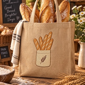 Può includere: Una borsa tote in juta color marrone chiaro con un ricamo raffigurante tre baguette in una tasca con l'icona di una spiga di grano. La borsa è riempita con tre baguette croccanti e un panno a righe bianche e grigie pende da un manico.