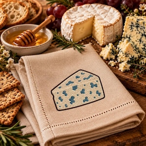 Può includere: Un tovagliolo di lino beige piegato con un ricamo raffigurante una fetta di formaggio erborinato. Il tovagliolo è posizionato vicino a una ciotola di miele con un mestolo di legno, cracker, uva fresca e vari tipi di formaggio su un tagliere.