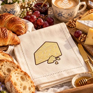 May include: A square off-white cloth napkin featuring a central embroidered design of a yellow wedge of cheese with small crumbles. The napkin has a decorative hemstitched border and is placed on a wooden tray alongside croissants, bread, grapes, and coffee.