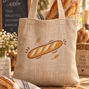 Broderidesign för fransk baguette, maskinbroderi för franskt bröd, vetebroderi, bageridesign, köksinredning, digital nedladdning