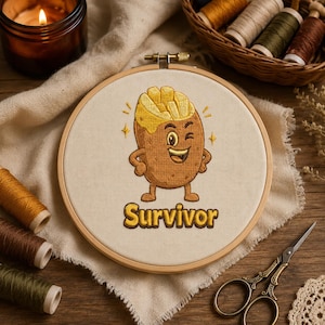 May include: A round wooden embroidery hoop containing a beige fabric panel with a stitched design of a brown potato character with a yellow top, winking, and smiling. Below the character, the word Survivor is embroidered in yellow thread.