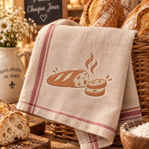 Könnte beinhalten: Ein beiges Küchentuch aus Leinen mit rotem Streifenrand und einer Stickerei, die ein aufgeschnittenes Baguette mit aufsteigendem Dampf zeigt. Der Stoff hat eine sichtbare Webstruktur und die Stickerei verwendet Brauntöne.