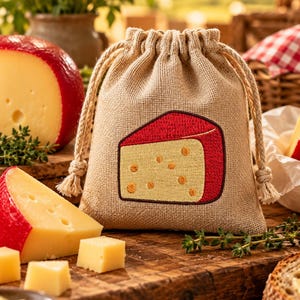 May include: A beige burlap drawstring pouch featuring a centered embroidered graphic of a wedge of yellow cheese with a red rind. The pouch has thick, twisted beige rope cords for closure and a textured, woven fabric construction.
